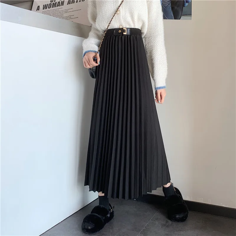 

Woolen Pleated Long Skirt 2021 New Autumn And Winter Elegant Solid High-Waist Mid-Length Skirts All-Match